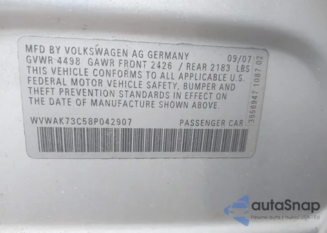 2008 Volkswagen Passat Komfort z USA, uszkodzony, nr VIN WVWAK73C58P042907